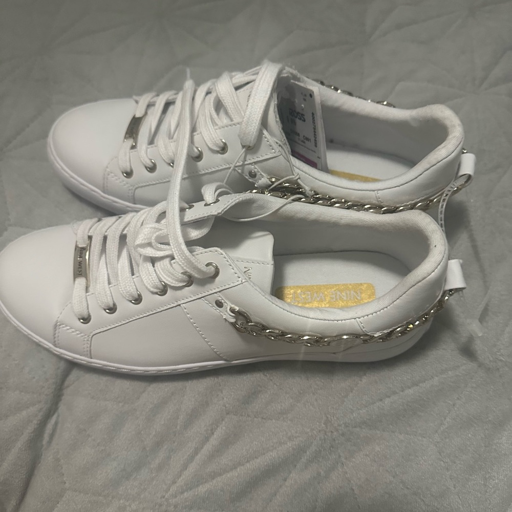 Nine West White Sneakers with Gold Chain Detail